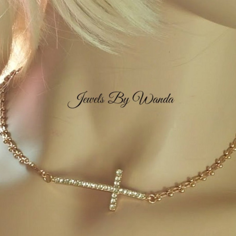 Golden Rhinestone Cross Choker